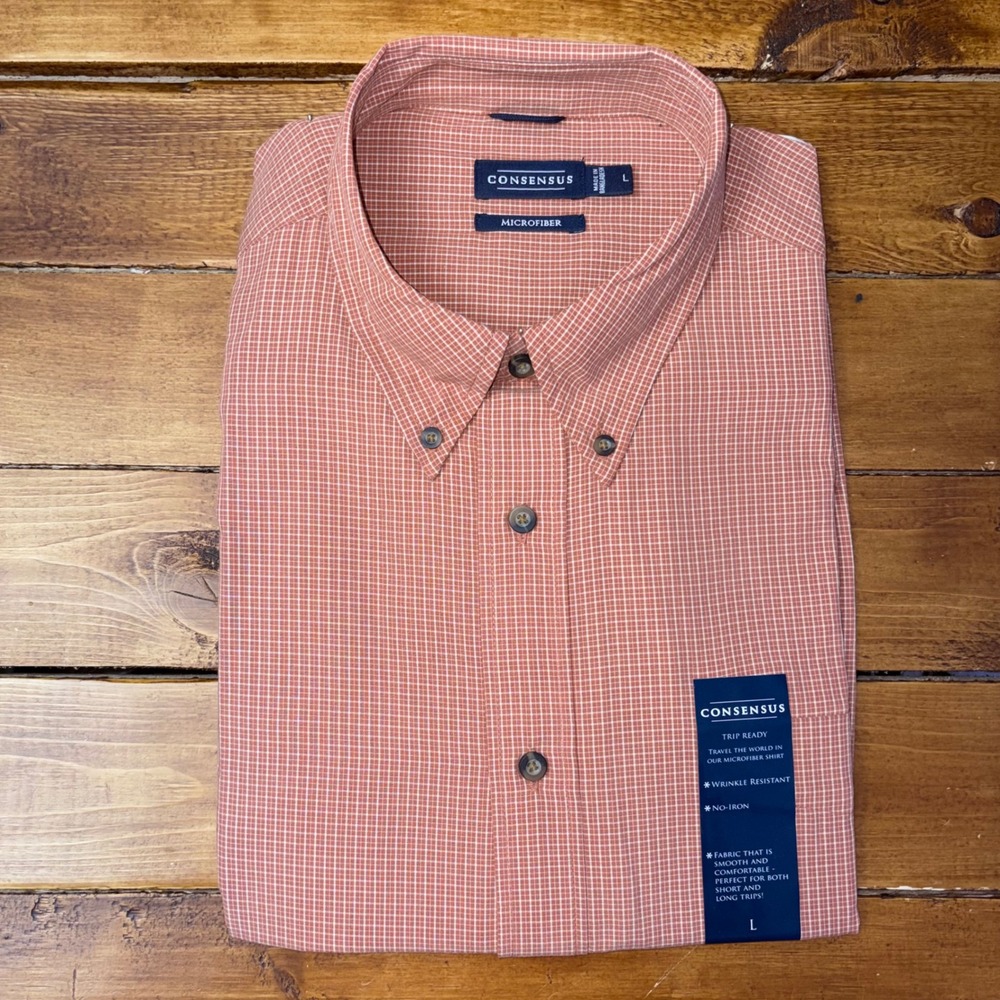 Consensus Button Down Shirt Mens Large Rust Microfiber Trip Ready Short Slv NEW